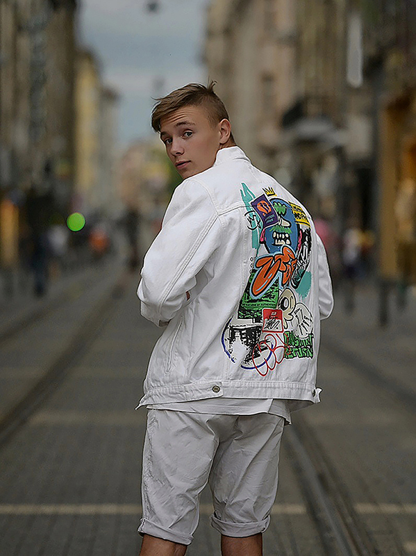Style boy in white denim jacket